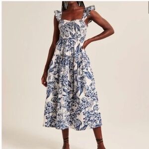 Abercrombie & Fitch Ruffle Strap Smocked Midi Floral Dress Blue Floral Small